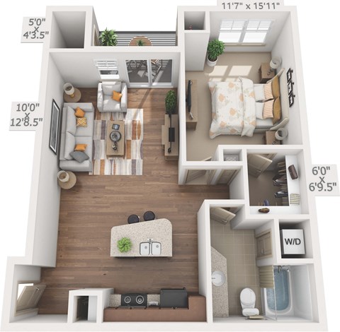 Floor plan for 1 bed, 1 bath, 820 sqft